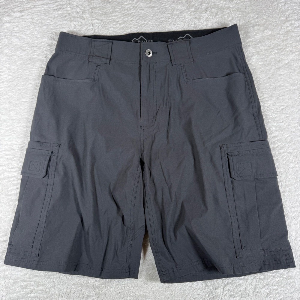 Eddie Bauer Cargo Men 34 Grey Nylon Stretch 2-Way Stretch Phone Pocket Shorts